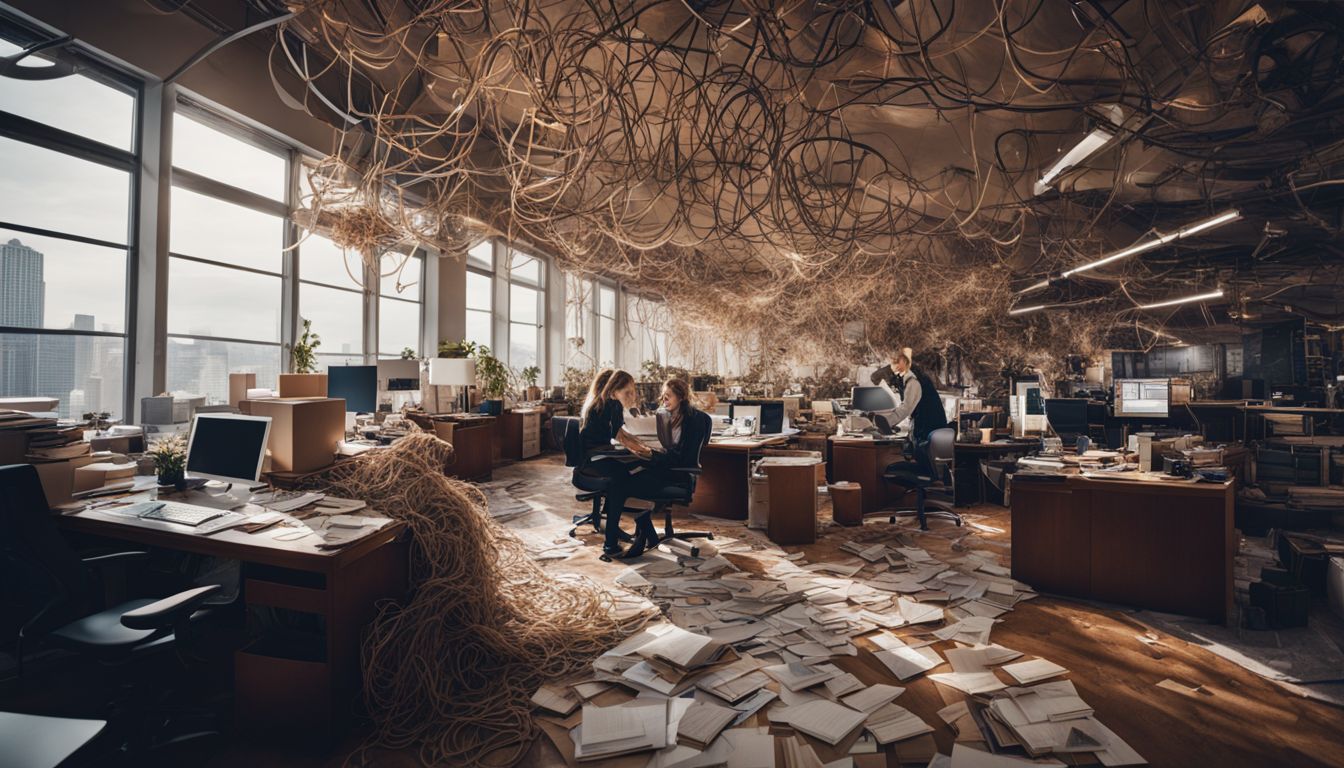 A cluttered office space with a maze of choices and diverse people. A cluttered office space with a maze of choices and diverse people.