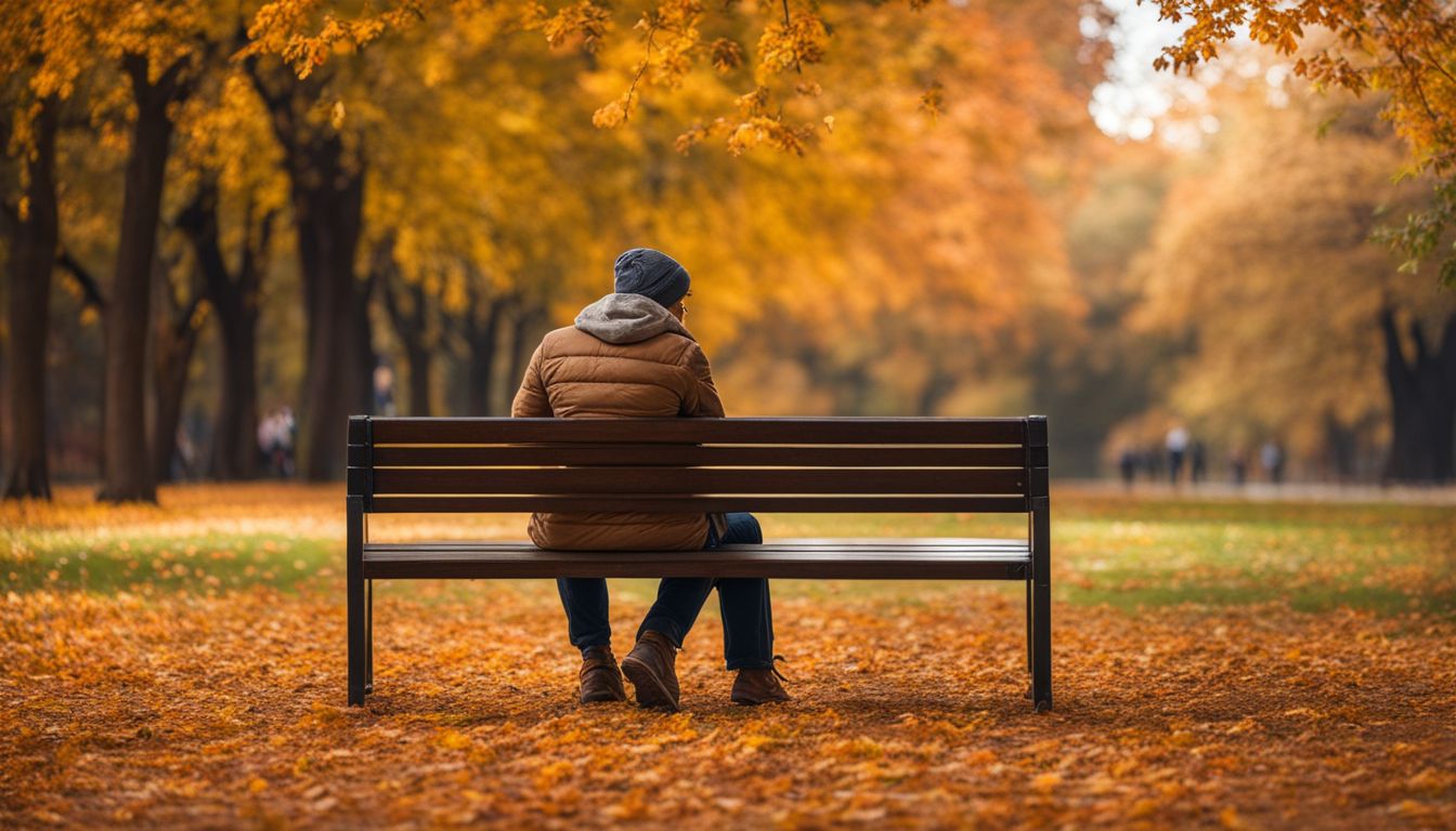 A person sitting alone on a park bench surrounded by autumn leaves. A person sitting alone on a park bench surrounded by autumn leaves.