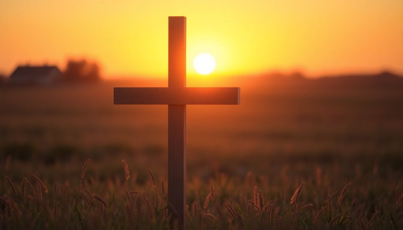 A wooden cross stands in a field during sunset, symbolizing peace and love.