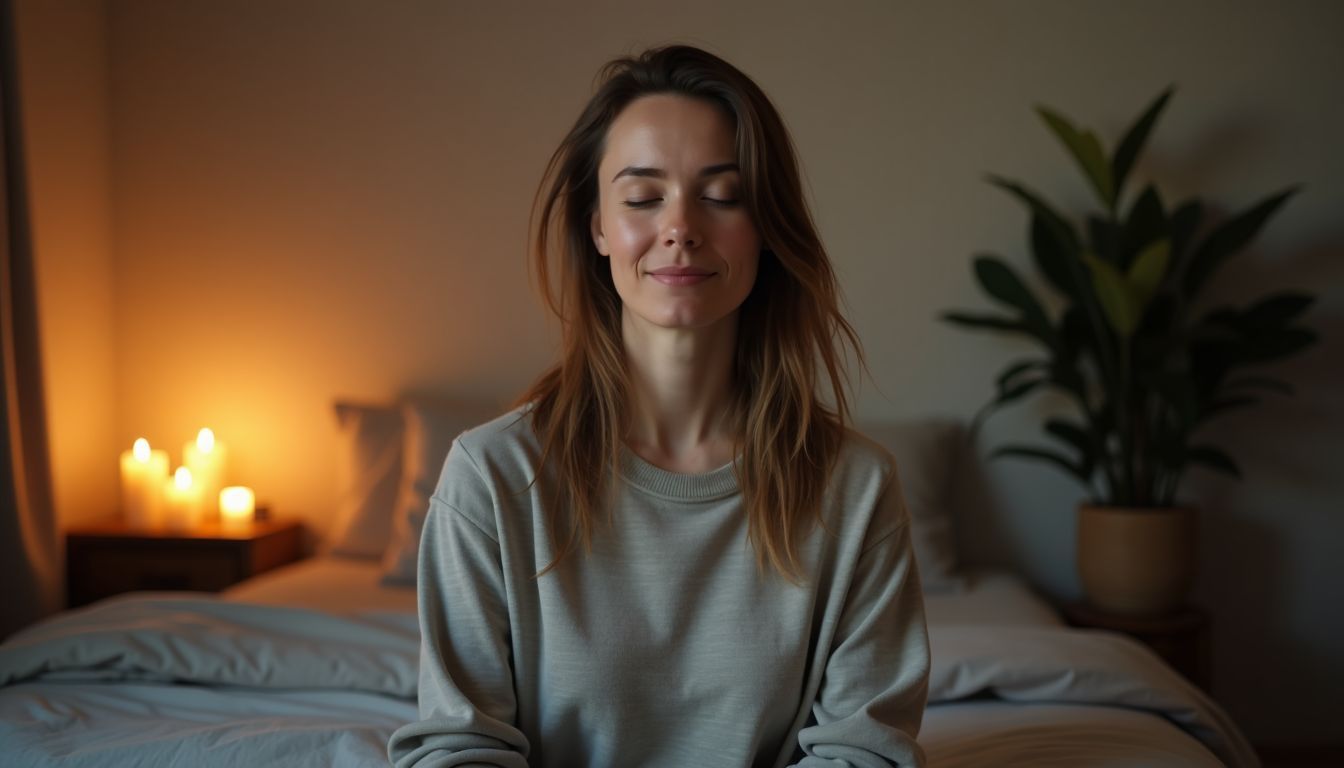 A woman meditates in a calm, dimly lit room, surrounded by candles.
